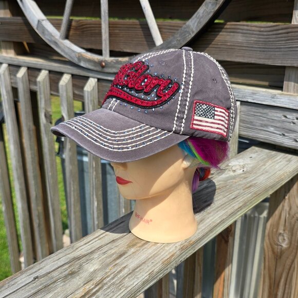 Ladies Dark Gray Old Glory BLING Hat NEW - Picture 3 of 4
